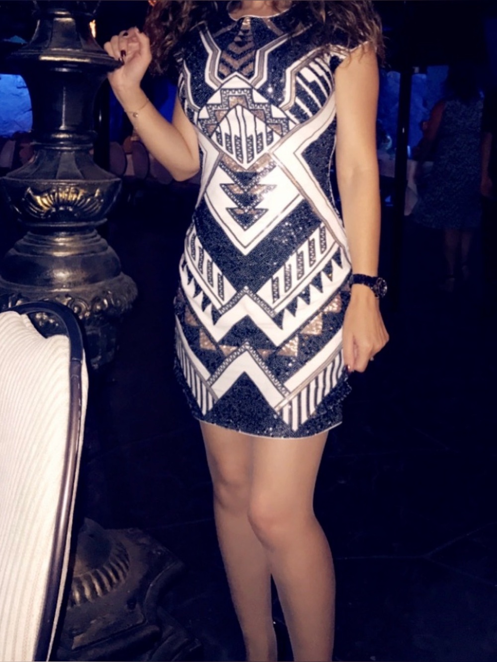 Express Black, White & Gold Sequined Mini Dress